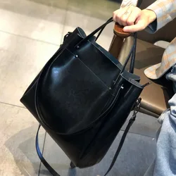 Women's Shoulder Bag High-capacity Casual Tote Oil Wax Cowhide Leather Handbag Lady Commuting Bucket High Quality Messenger Bag