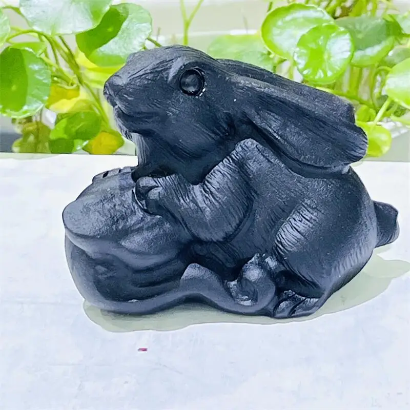 

Natural Black Obsidian Rabbit Carving Healing God Animal Powerful Statue For Home Decoration Gift 1pcs