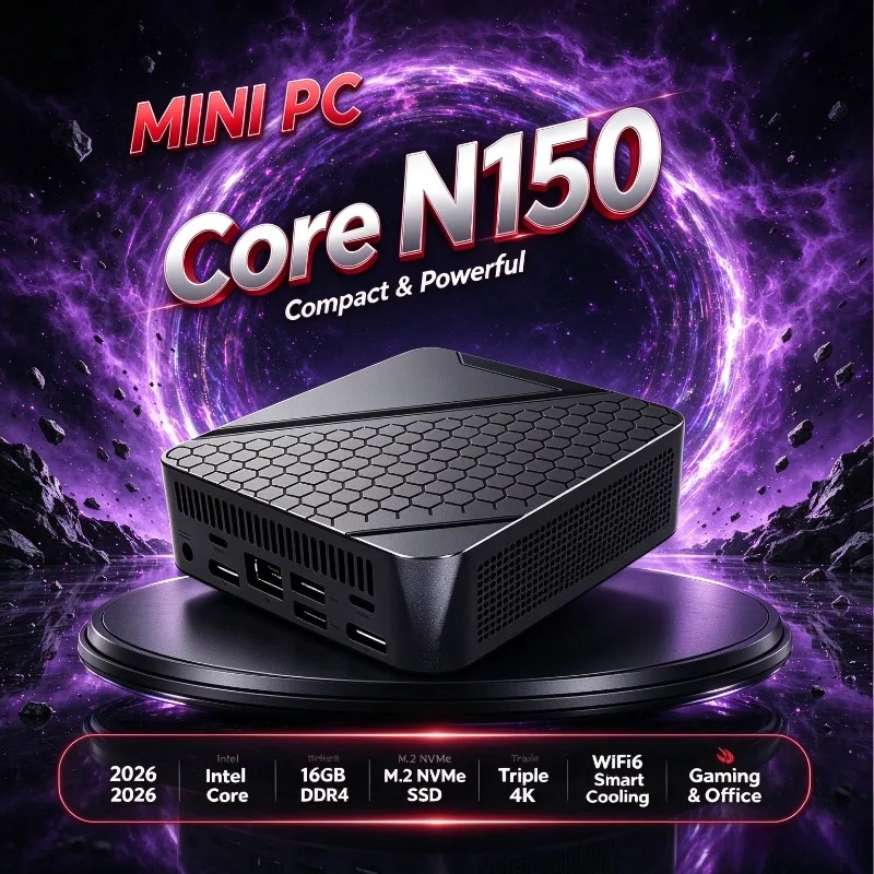 静音冷却、トリプル4k対応ミニpc。intel-n150-4コア4スレッド、36ghz、16gb-ddr4、m2-nvme-512gb-ssd、wi-fi-6、bluetooth-52搭載。持ち運び可能な、家庭用・オフィス用プロpc。