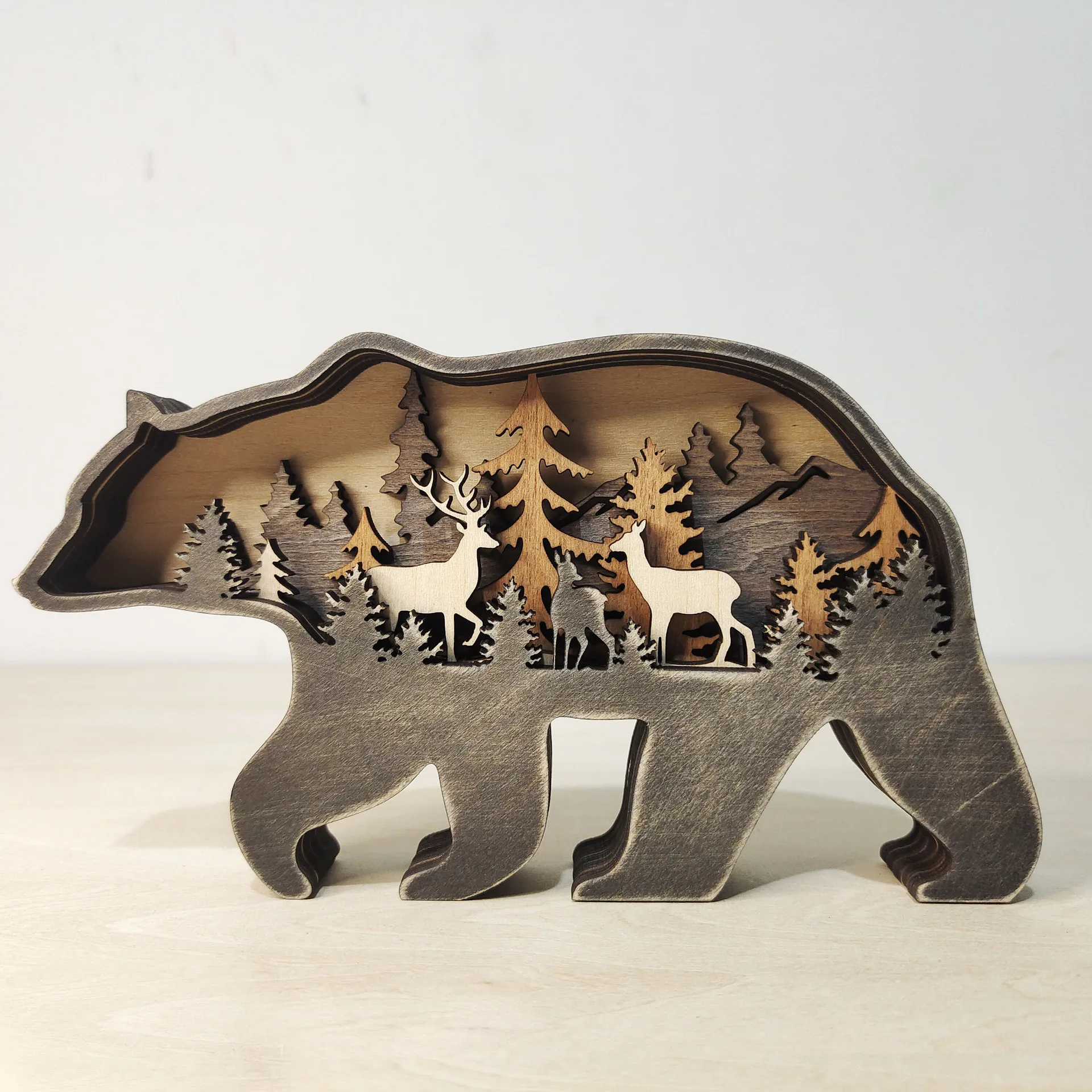 2023 New DIY Wood Elk Brown Bear Ornament Decoration Home Wooden Brown Bear Light Craft Ornament Decor Christmas Gift Crafts