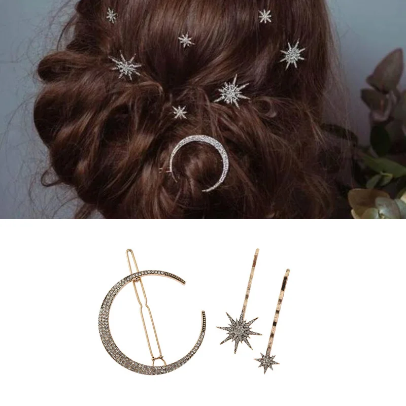 2Set/Lot 3Pcs/Set DIY Alloy Retro Geometric Set Auger Hair Clip Moon Snow Stars Hairpins Styling Tool Accessories HA1074