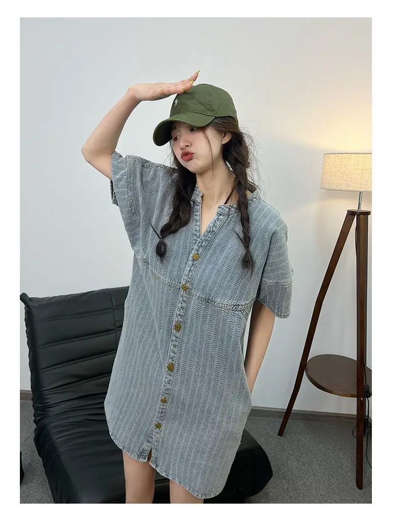Robe en jean rayée décontractée, nouvelle robe chemise d'été 2025