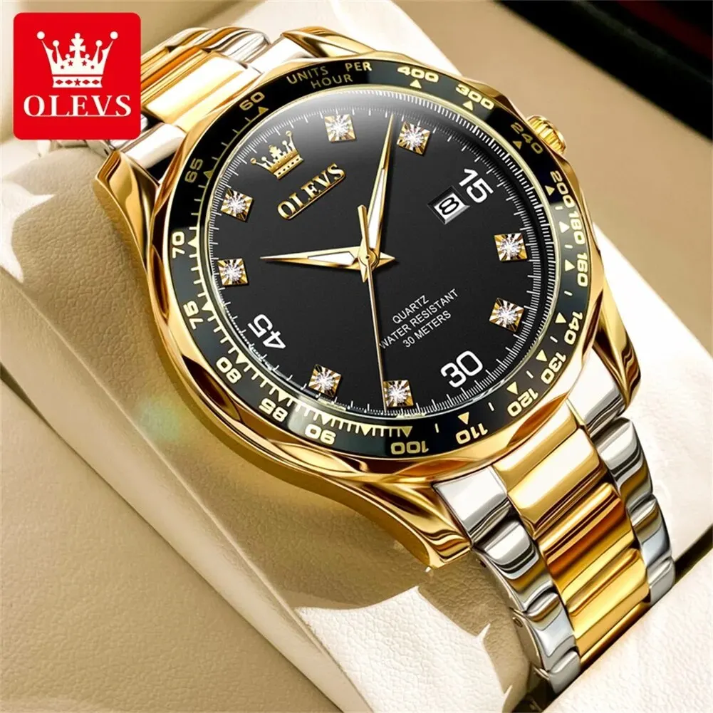 OLEVS Original Quartz Watch for Men Stainless Steel Waterproof Anti-scratch Calendar Wristwatches Luxury Diamond Scale Man Watch