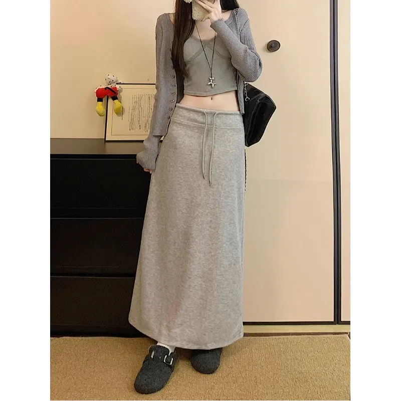 

Laid-back Style Color Rope Drawstring Draped Half-length Skirt Women's Loose Slimming A-line Long Skirt for Autumn