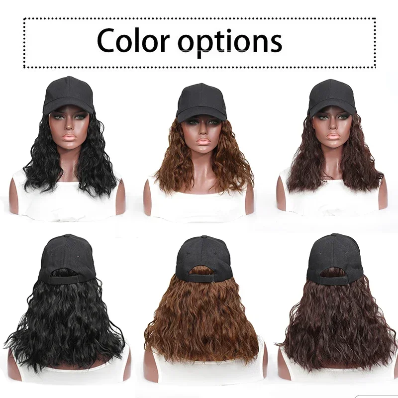 Peluca de gorra de béisbol de onda corta con extensión de cabello rizado peluca de onda sintética sombrero para mujeres ajustable marrón negro gorra de béisbol peluca