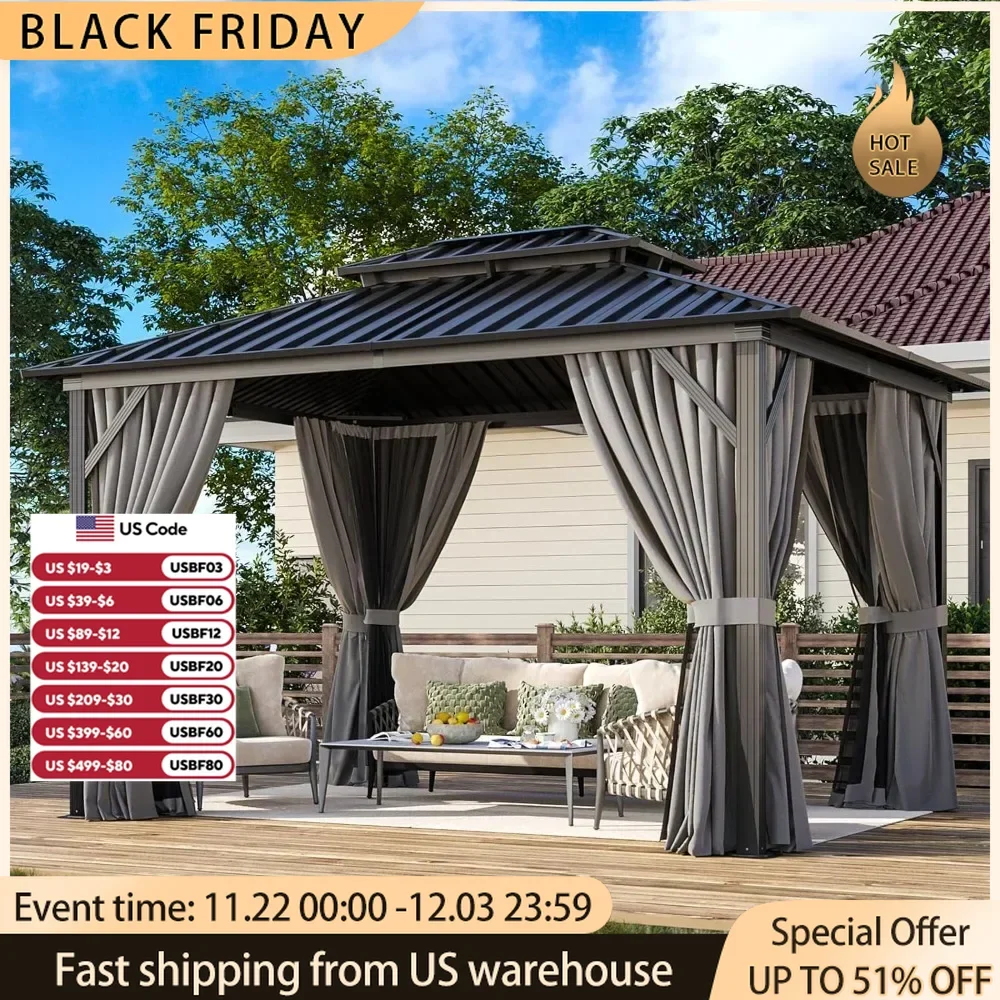 10X12 Hardtop Gazebo,with Galvanized Steel Double Roof, Permanent Metal Pavilion Outdoor Aluminum Gazebo with Netting, Curtains