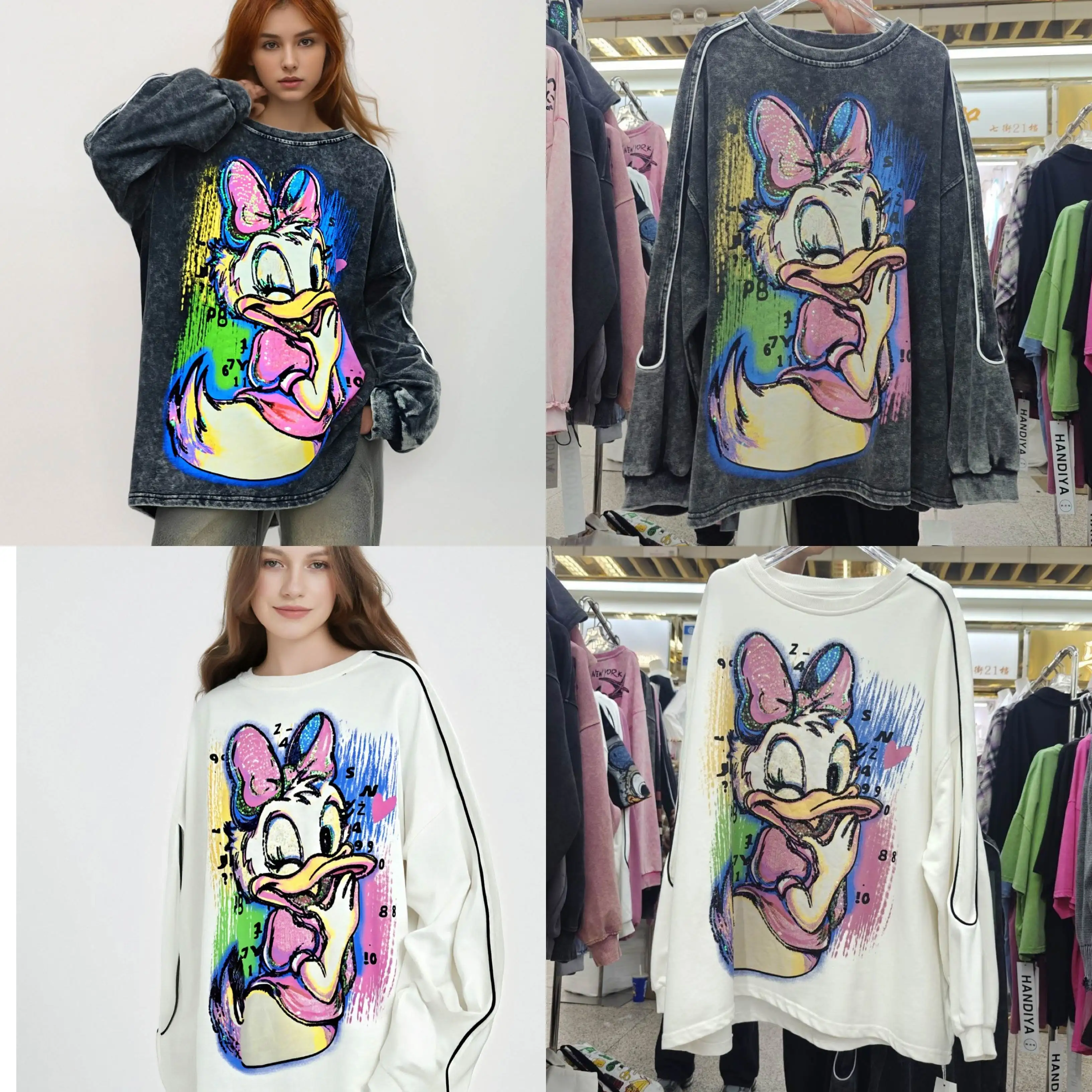 

European and American new women's T-shirt sweatshirt cartoon print autumn and winter loose mid to long sleeved top