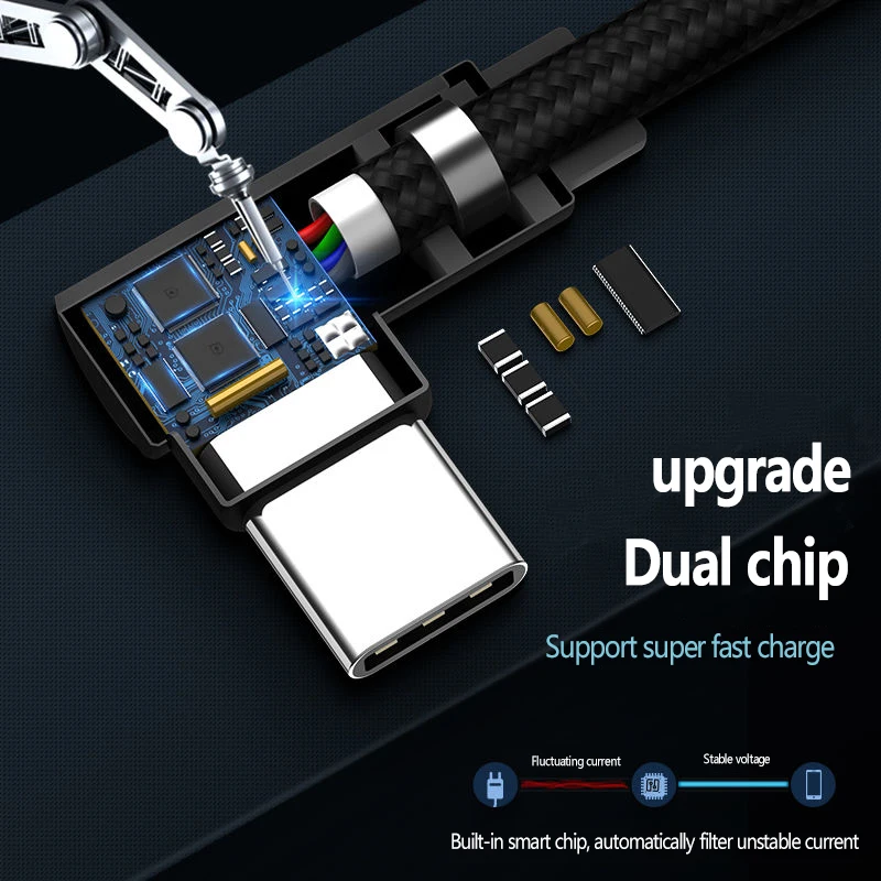 90 Degree USB Cable 0.25m 1m 2m 3m Type C Fast Charge Line USB  For iPhone Xiaomi 14 13 12 11 10 8 Oneplus5 ZUK LG HUAWEI Honor