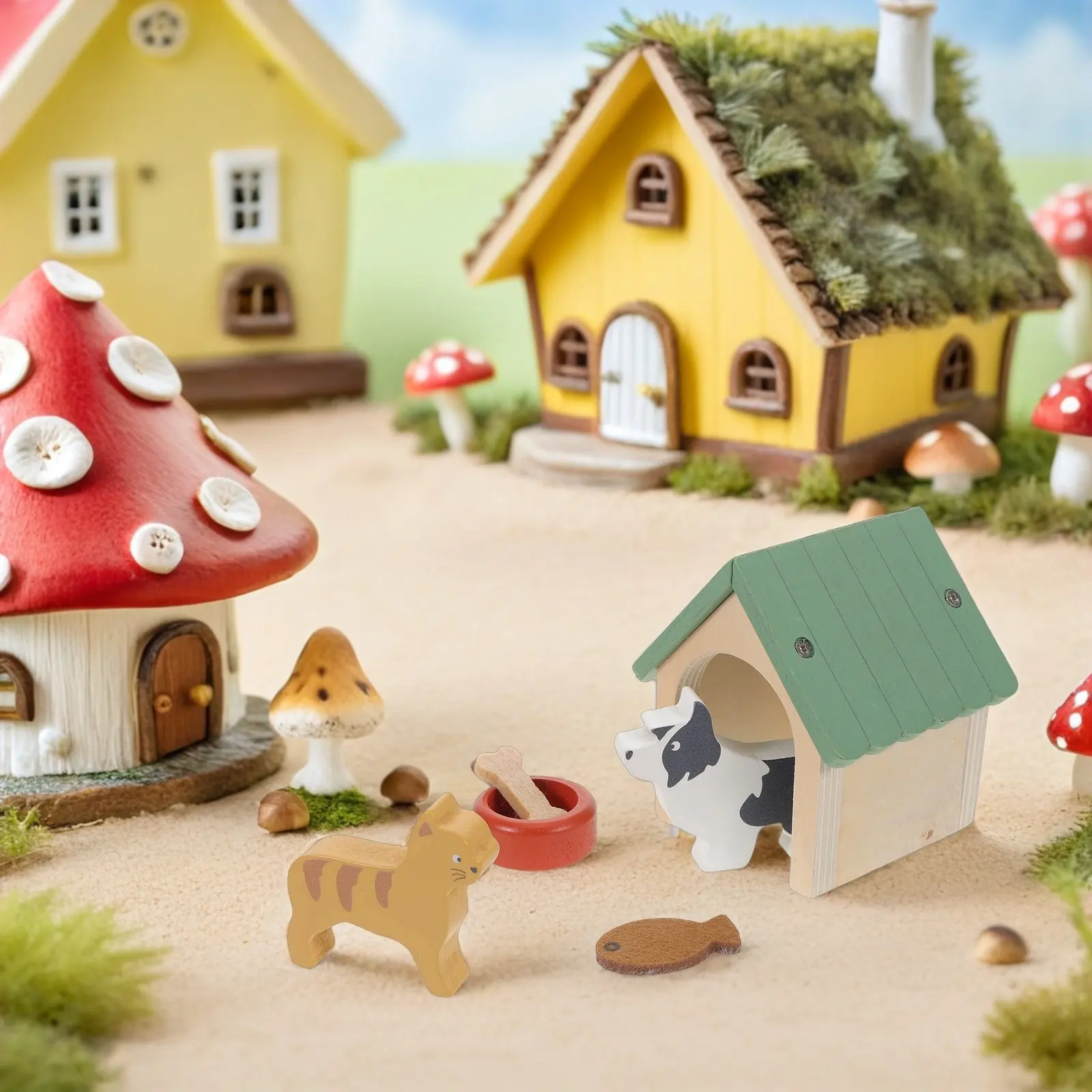 ミニチュアペットハウス1セット-木製犬小屋-カラフルな犬小屋飾り-子供部屋の装飾-ごっこ遊びシミュレーションシーン用
