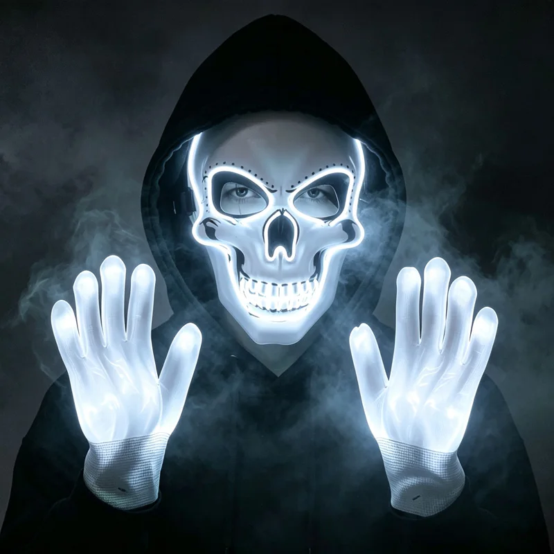 LED Skull Mask Light Up Gloves Set Neon Skeleton Face Mask Luminous Purge Mask and Gloves for Cosplay Halloween Party Mask Props - view 3