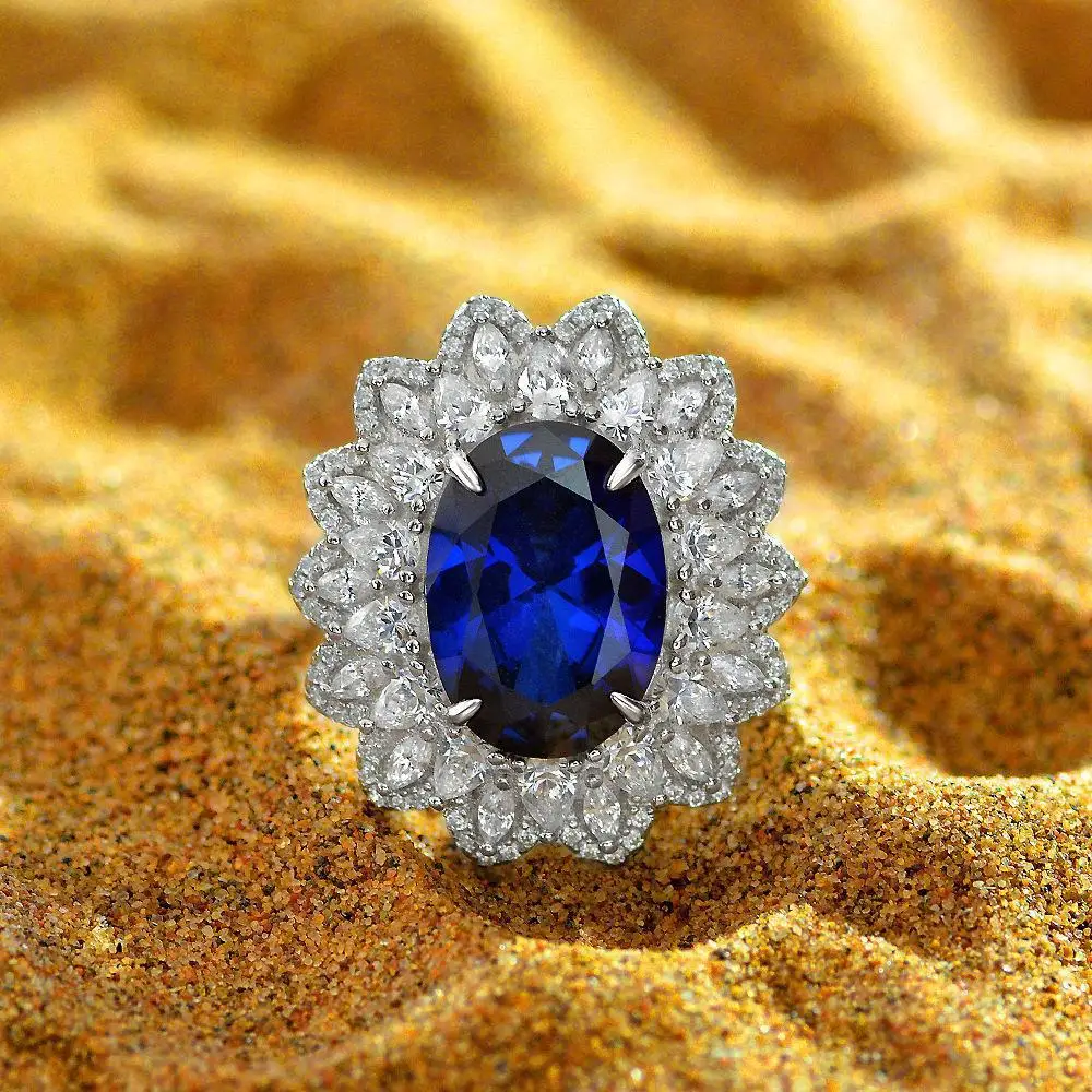 

New S925 Silver 5ct Egg Shaped 12 * 15 Cultured Red/blue Treasure Ring for Women's European and American Luxury Wedding Jewelry
