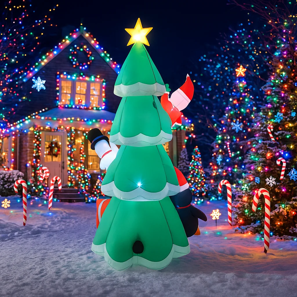 2.1 متر/6.8FT نفخ شجرة عيد الميلاد سانتا ثلج البطريق هدية صندوق ضوء LED ديكور المنزل لعبة ساحة عيد الميلاد عطلة الإضاءة حلية #6