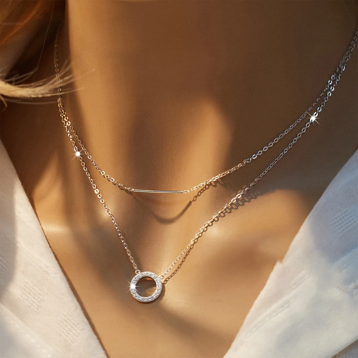 Moissanite Loop Pendant Necklace for Women 925 Sterling Silver Double Layer Clavicle Chain Necklace Fine Jewelry Choker Gifts