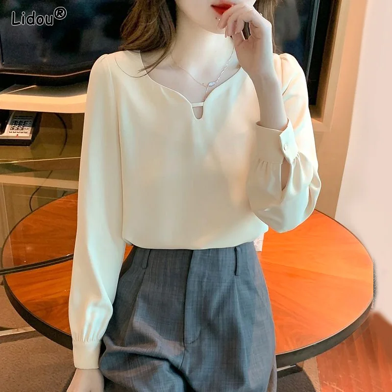 Thin Temperament V-neck Intellectual Spring Summer Solid Color Loose Pullovers T-Shirts Fashion Casual Women's Clothing 2023