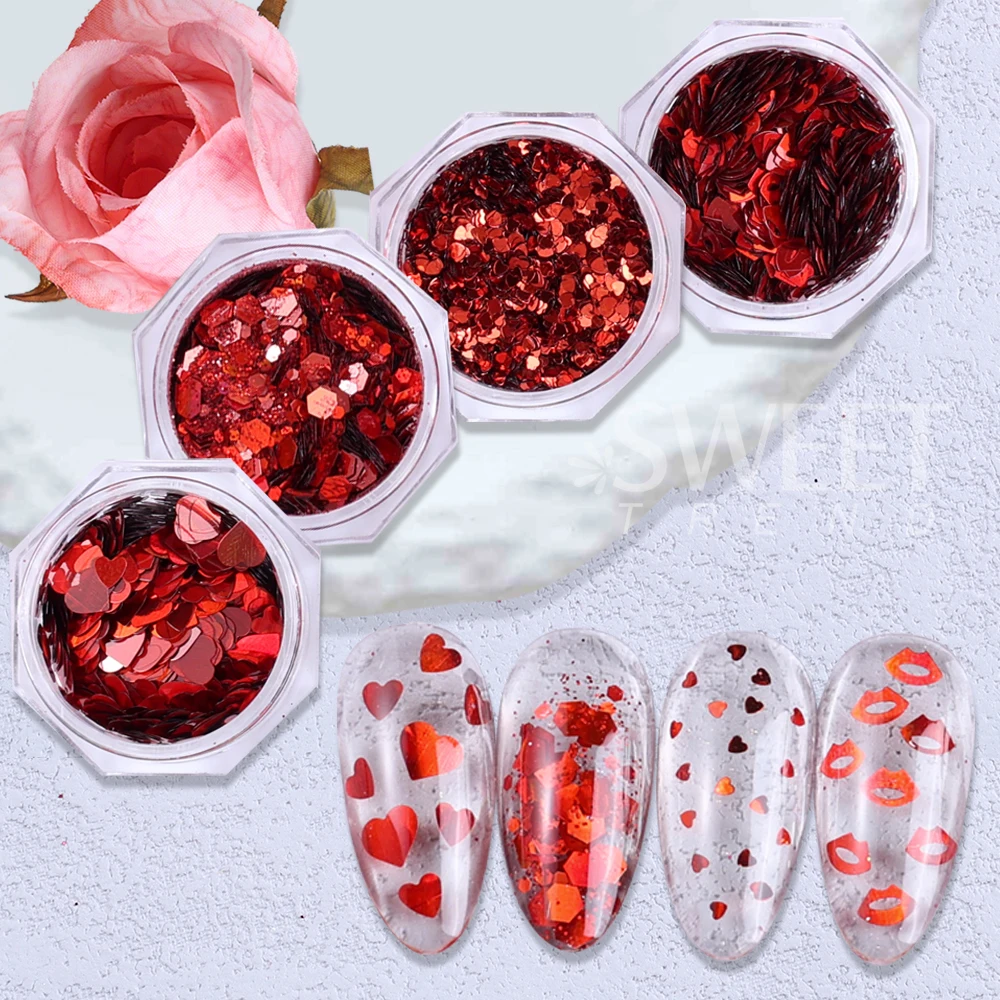 กลิตเตอร์ตกแต่งเล็บรูปหัวใจสีแดงสดใส 4/12 กล่อง/ชุด สำหรับทำเล็บ 3 มิติ ตกแต่งเล็บวันวาเลนไทน์