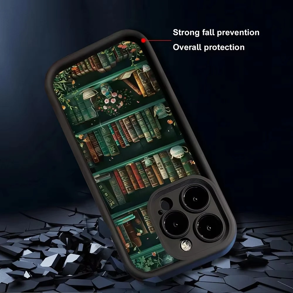 حافظة هاتف مناسبة بنمط رف الكتب الأخضر لهاتف آيفون 17 برو ماكس 16E 15 Pro 14 13 12 11 Mini AIR XS XR XS 8Plus مضادة للسقوط و