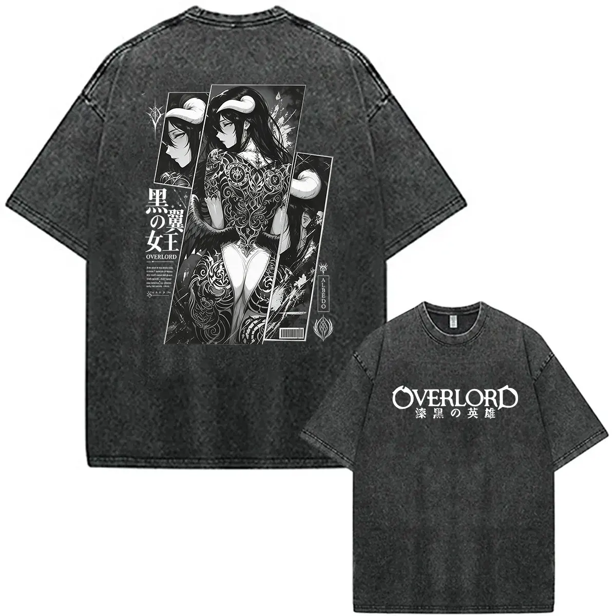 Japanisches Anime Albedo Overlord Vintage Washed T-Shirt für Männer und Frauen, Harajuku Oversized Baumwoll-T-Shirt, Modische Manga-Kleidung – Detail 2