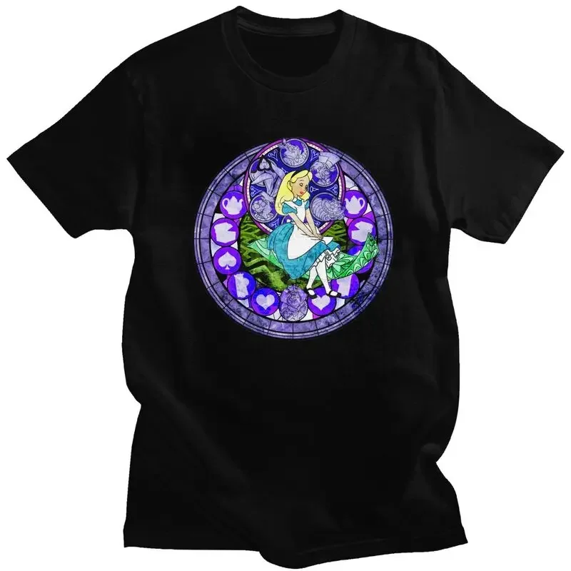 Queen Of Hearts Cheshire Cat T Shirt for Men Cotton Tshirt Stylish Tees Short Sleeved Disney Alice In Wonderland T-shirts Loose