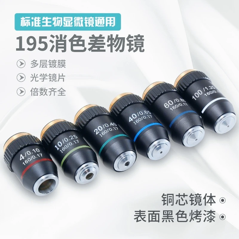 195 Achromatic Black Microscope Objective 4x 10x 20x 40x 60x 100x Metallic High Definition
