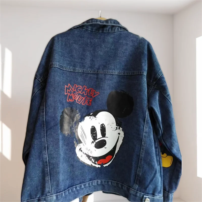 New Cartoon Mickey Printed Denim Jacket Women\'s Spring And Autumn Loose Preppy Style Large Size Jacket Cartoon Casual Tops