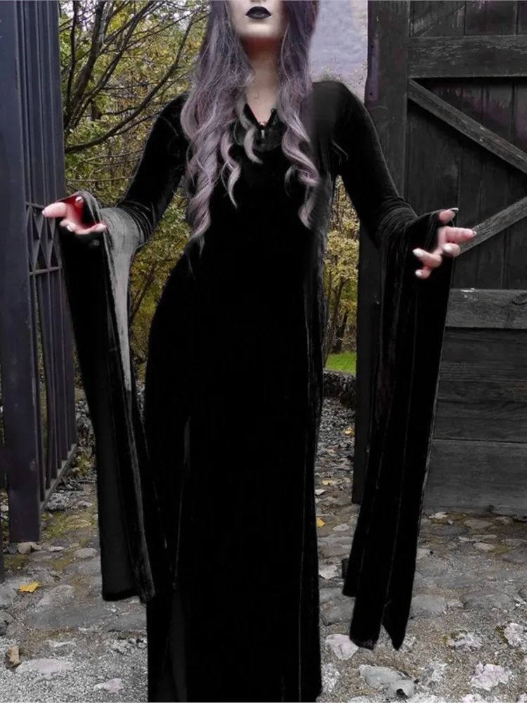 

Black High Waist Flared Sleeve Lace Cutout Gothic Maxi Dress Halloween Party Long Dress Street Aesthetic Clubwear Maxi Dress