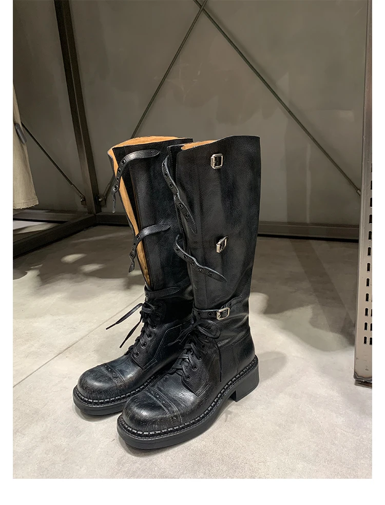 

New Winter Punk Belt Buckle Cross Tied Boots Knee High Chunky Heel Round Toe Solid Boots Retro Motorcycles Boot Shoes For Women