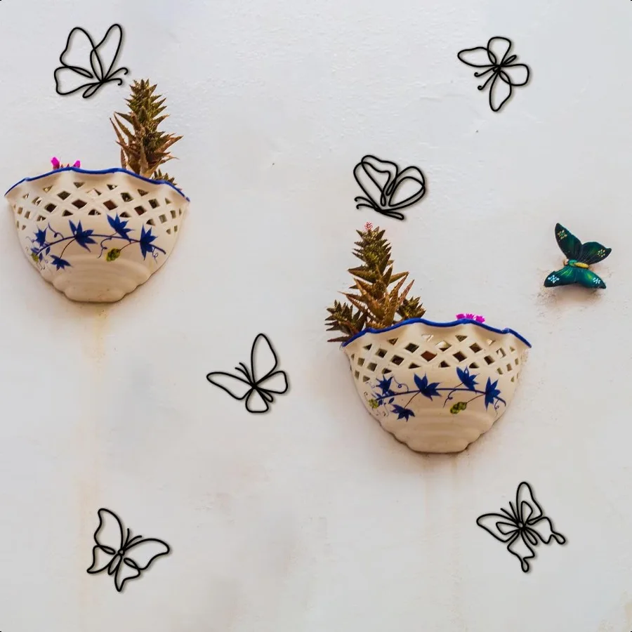 6 قطع معدنية على شكل فراشة لتزيين الحائط، ديكورات جدارية معدنية على شكل قلب، زهور سلكية، شارات جدارية للحمام المطبخ