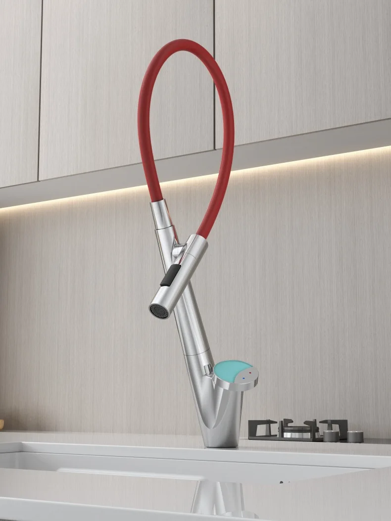 Creative design kitchen retractable rotary faucet, all copper hot and cold faucet, rose gold water faucet