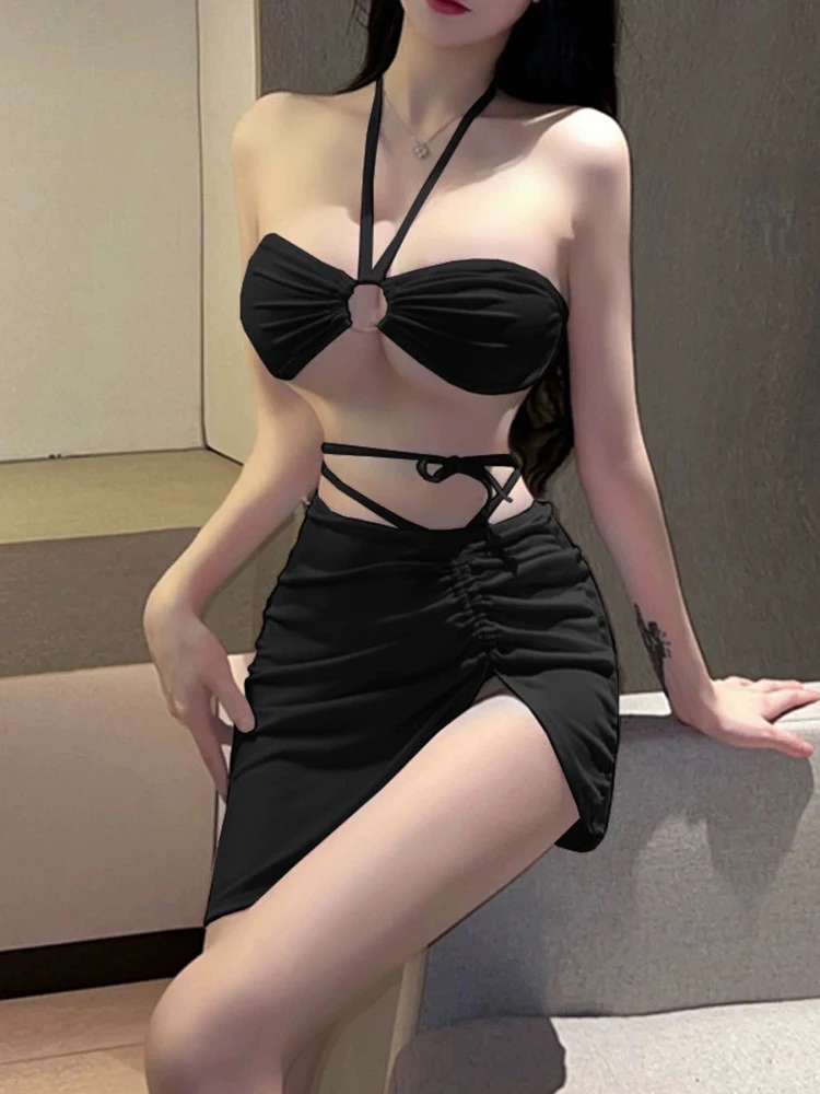 OIINAA Red Swimsuit Women Neck-mounted Sexy Bathing Suit Holiday Hot Spring Swimwear Summer 2025 Lace Up Cover-Ups Wrap Skirt