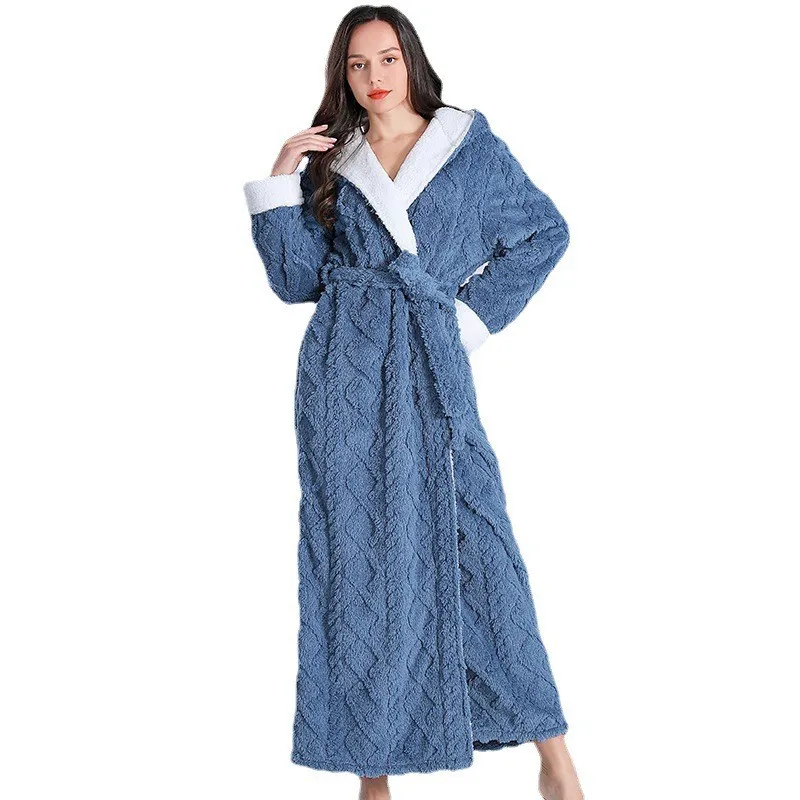 Women Men Thermal Luxury Flannel Extra Long Bath Robe Winter Sexy Jacquard Bathrobe Warm Kimono Dressing Gown Hooded Robes