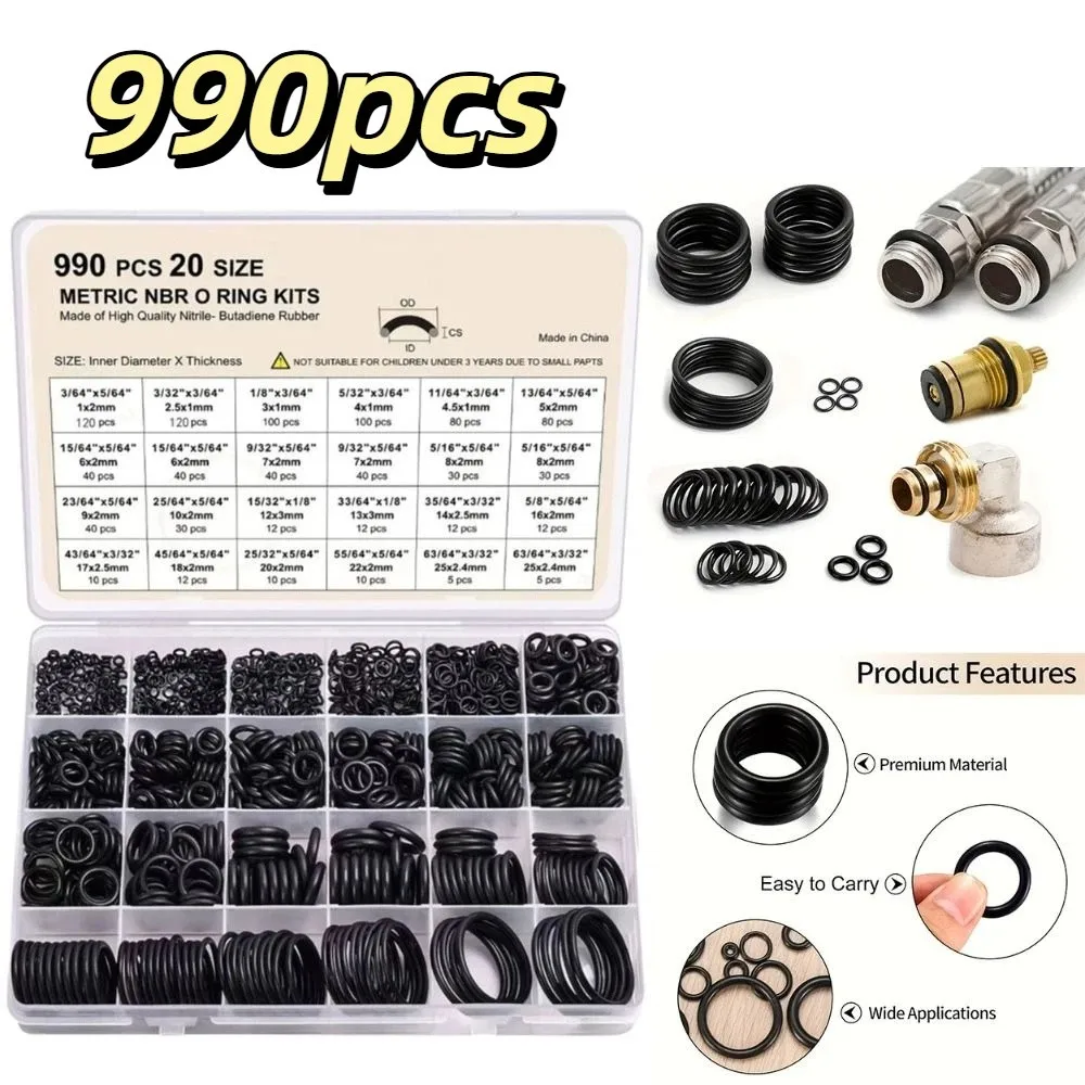 

990pcs Kit Air Conditioning O Ring Kit Maintenance Durable Seal Rubber O-Rings High-pressure Wear-resistant