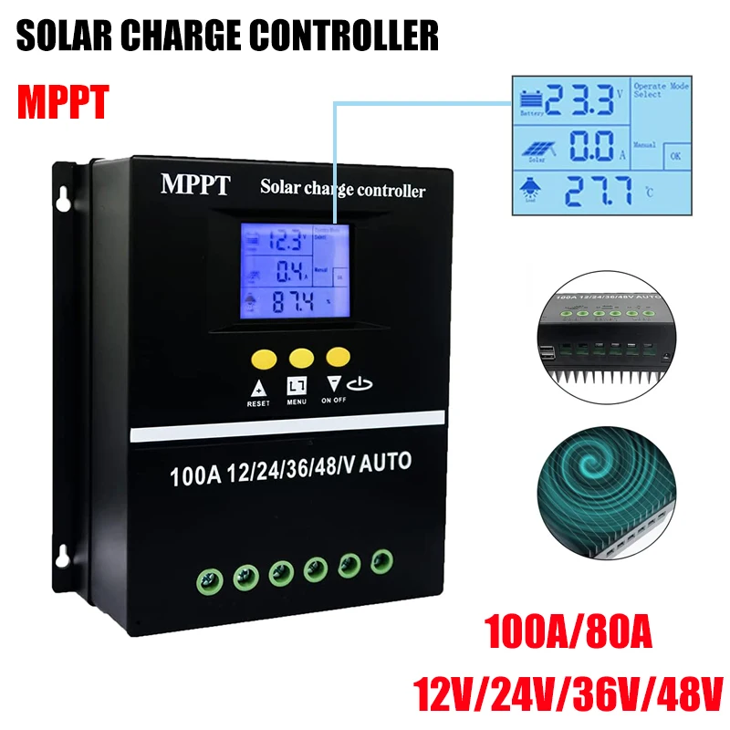 controlador de carga solar mppt com display lcd regulador solar para sistema de iluminacao 100a 80a 60a 36v 48v 24v 12v para sistema solar 01