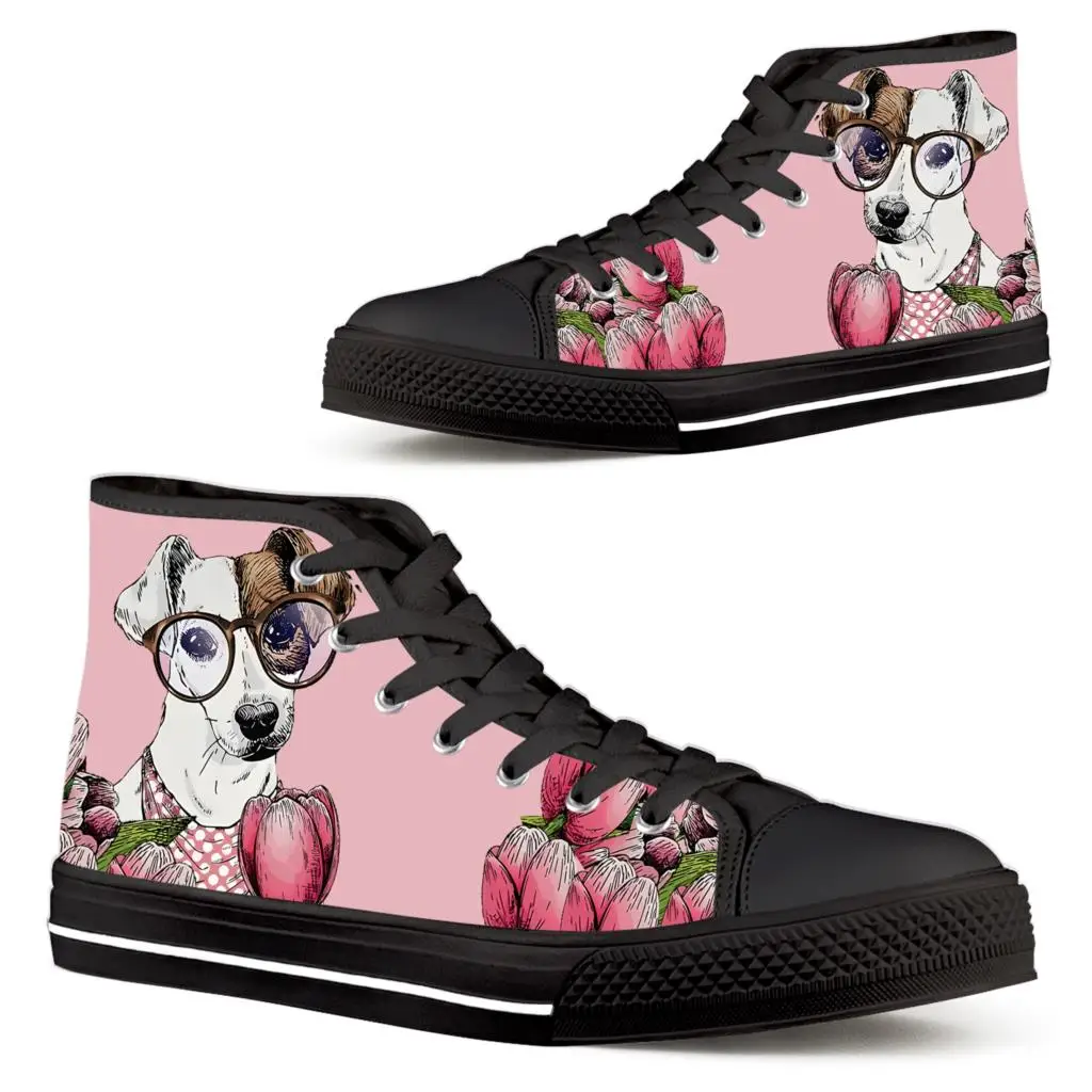 

ELVISWORDS Jack Russell Terriers High Top Women's Shoes Pink Tulip Puppy Print Comfortable Lace-up Shoes Gifts For Dog Lovers