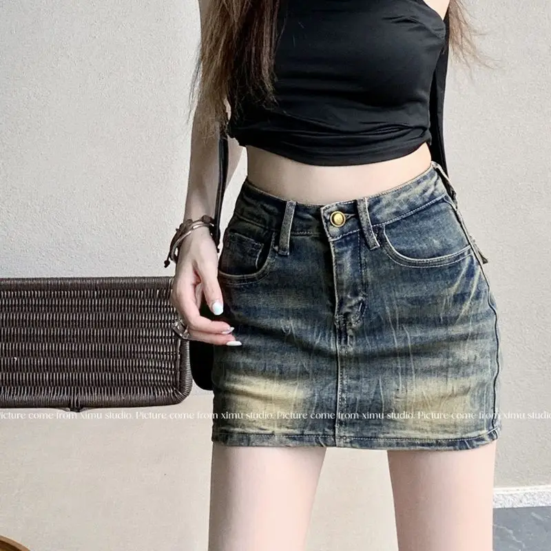 STSVZORR Vintage Embroidery Denim Half Skirt Women's Summer Skirt Water Wash Elastic Wrap Hip Short Skirt