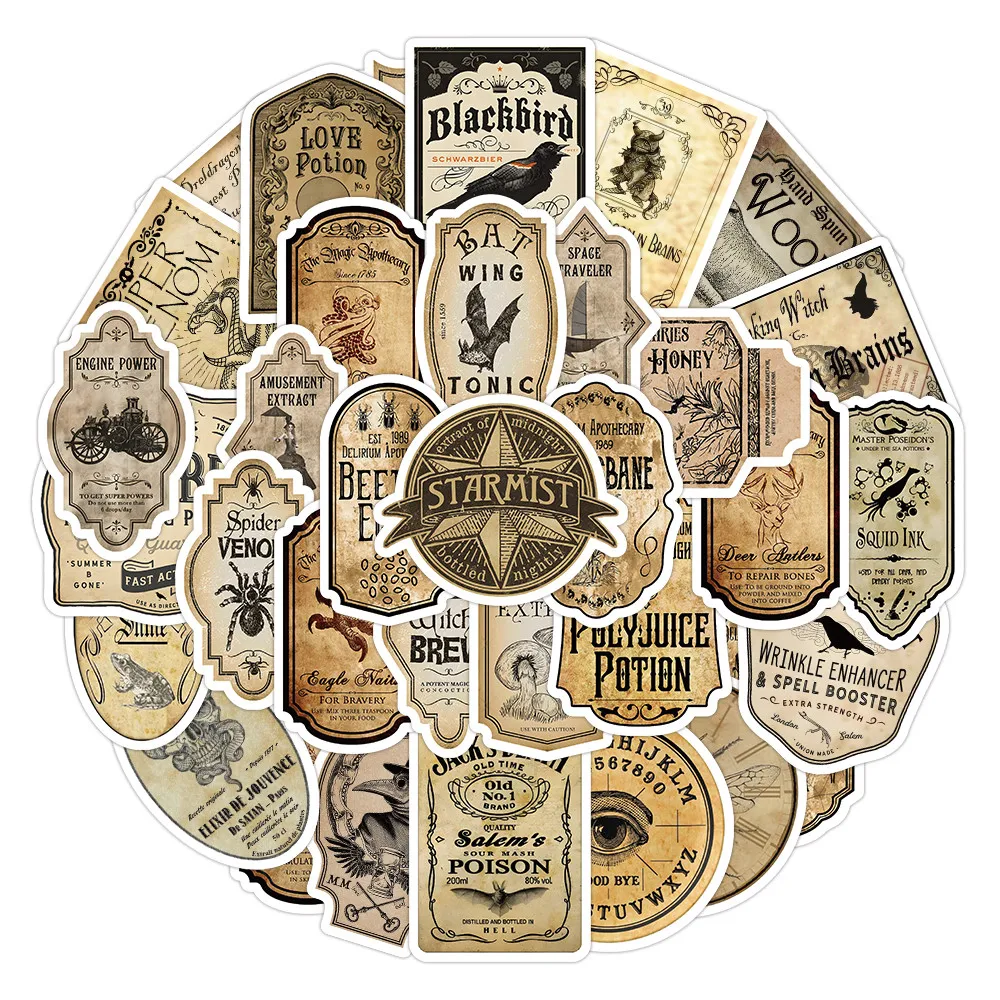 52 pièces d'étiquettes autocollantes de potion vintage-décalcomanies d'alchimie mystique pour pots de sorcellerie, livres de sort et Halloween (magasin Anime Worlds)