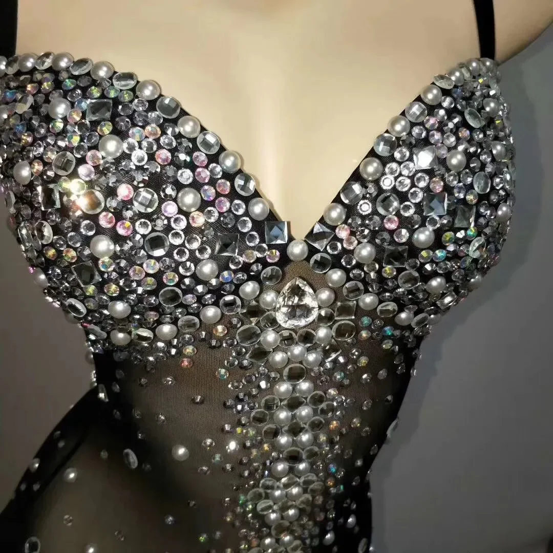 Body Sexy en perles pour femmes, strass, sangle transparente, Drag Queen, tenue d'anniversaire, justaucorps noir, vêtements de scène, 2026