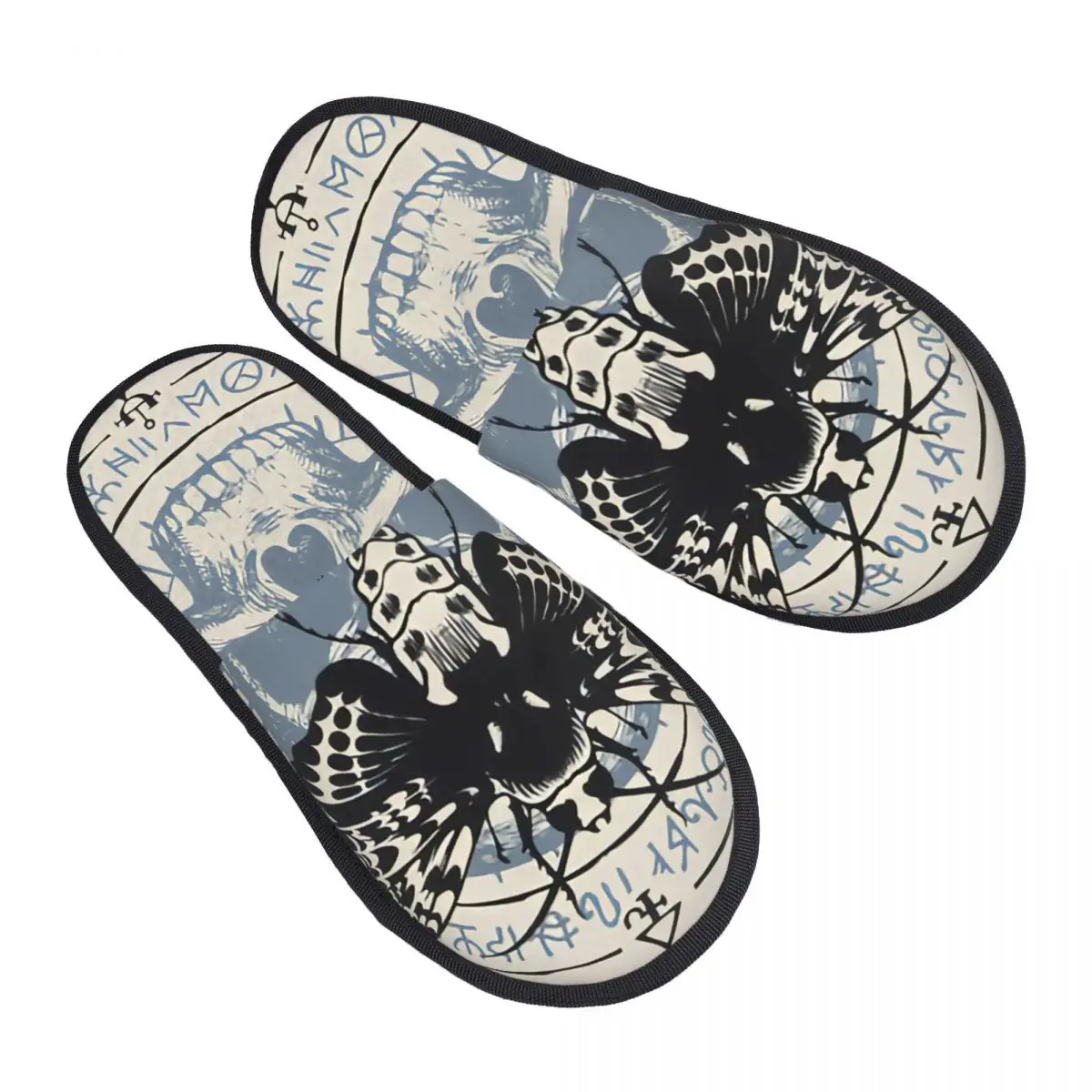 

Winter Slipper Woman Man Fluffy Warm Slippers Scary Moth Open Wings Human Skull House Slippers Shoes