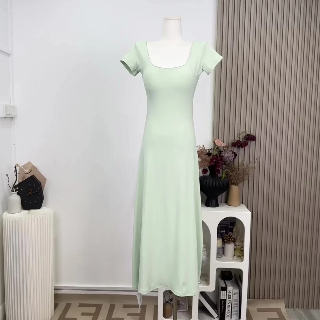 

ALPHALMODA 2025, с короткими рукавами, U-образным вырезом, трикотажное, женское платье, лето, с низкой спинкой, повседневное длинное платье
