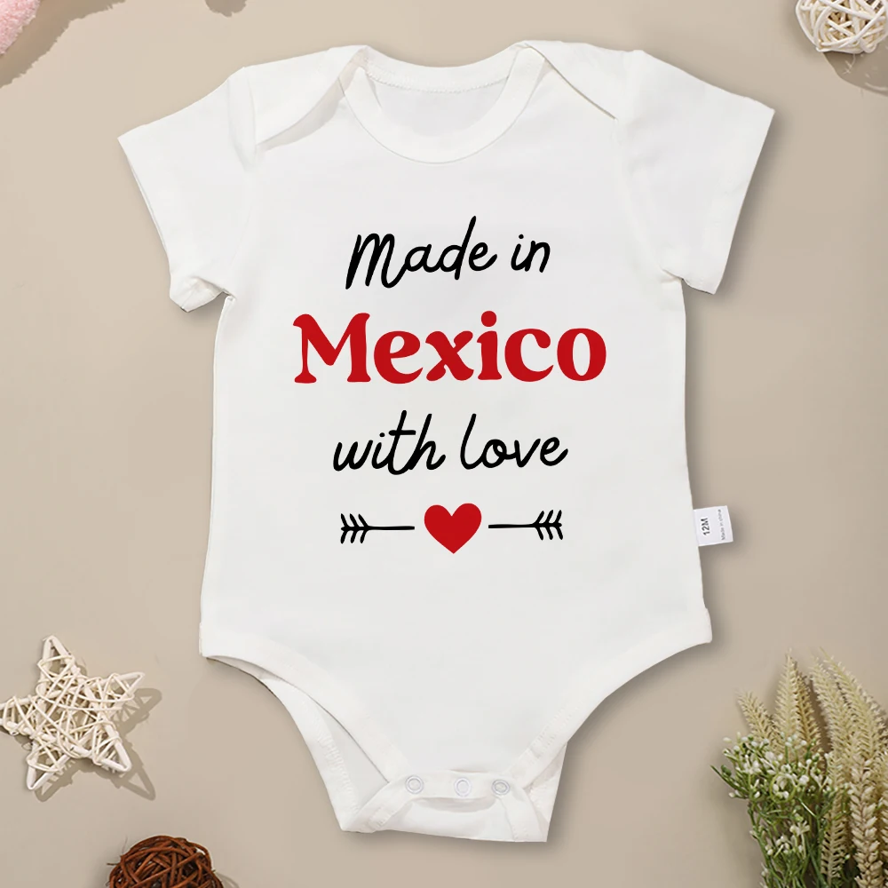 Gemaakt In Mexico Met Liefde Pasgeboren Jongen En Meisje Kleding 100% Katoenen Baby Bodysuit Korte Mouw O-hals Witte Zomer Baby Outfits