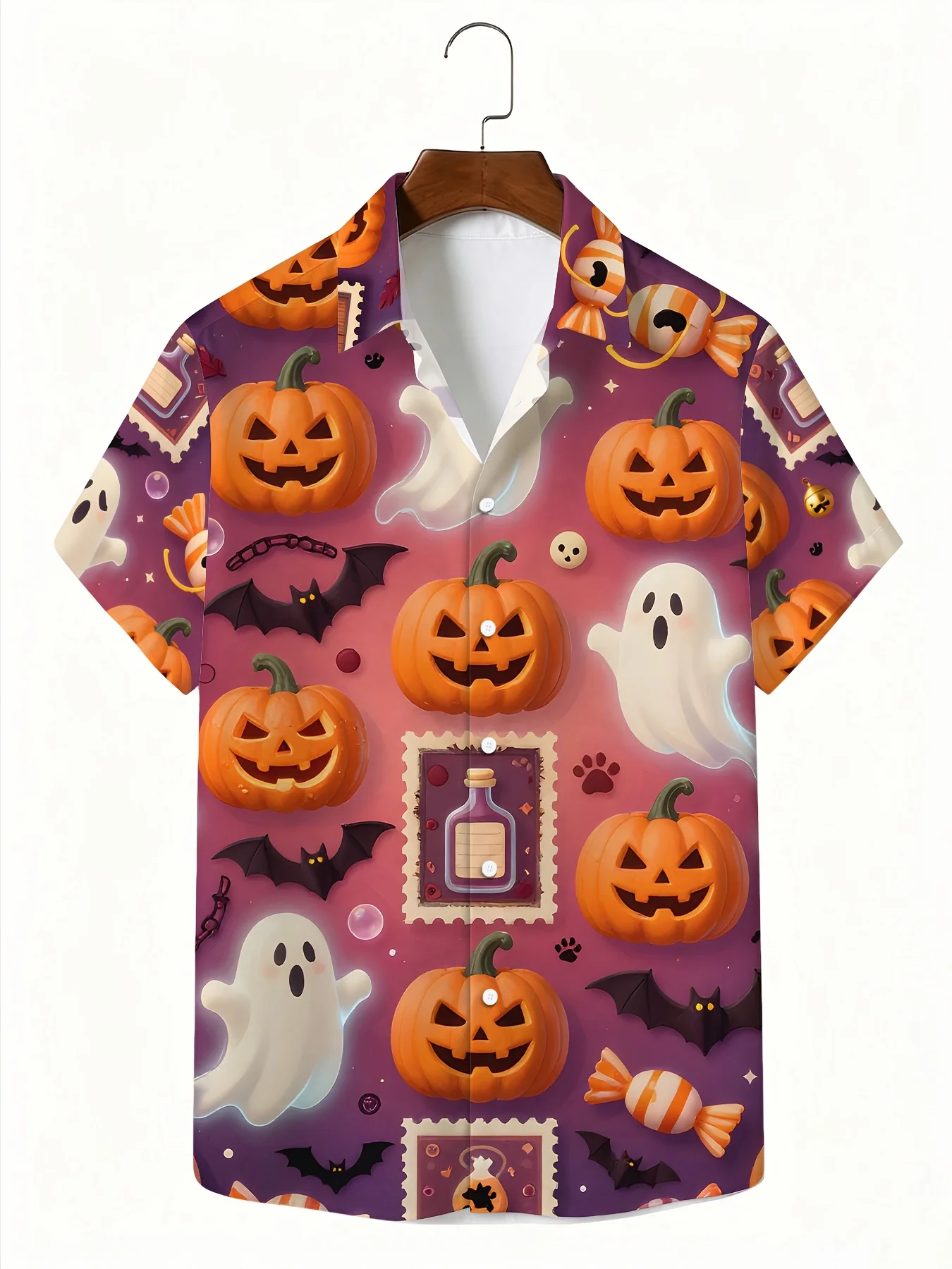 Men's Hawaiian Short Sleeve Shirt Vintage Fashion Halloween Pumpkin Ghost Print Turn Down Collar Casual Holiday Top Men Clothing