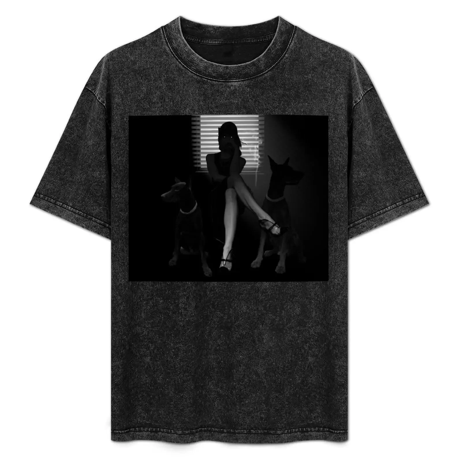 

film noir (Cross legged girl with 2 dogs beside her) T-Shirt custom t shirt cute tops oversized t shirt men