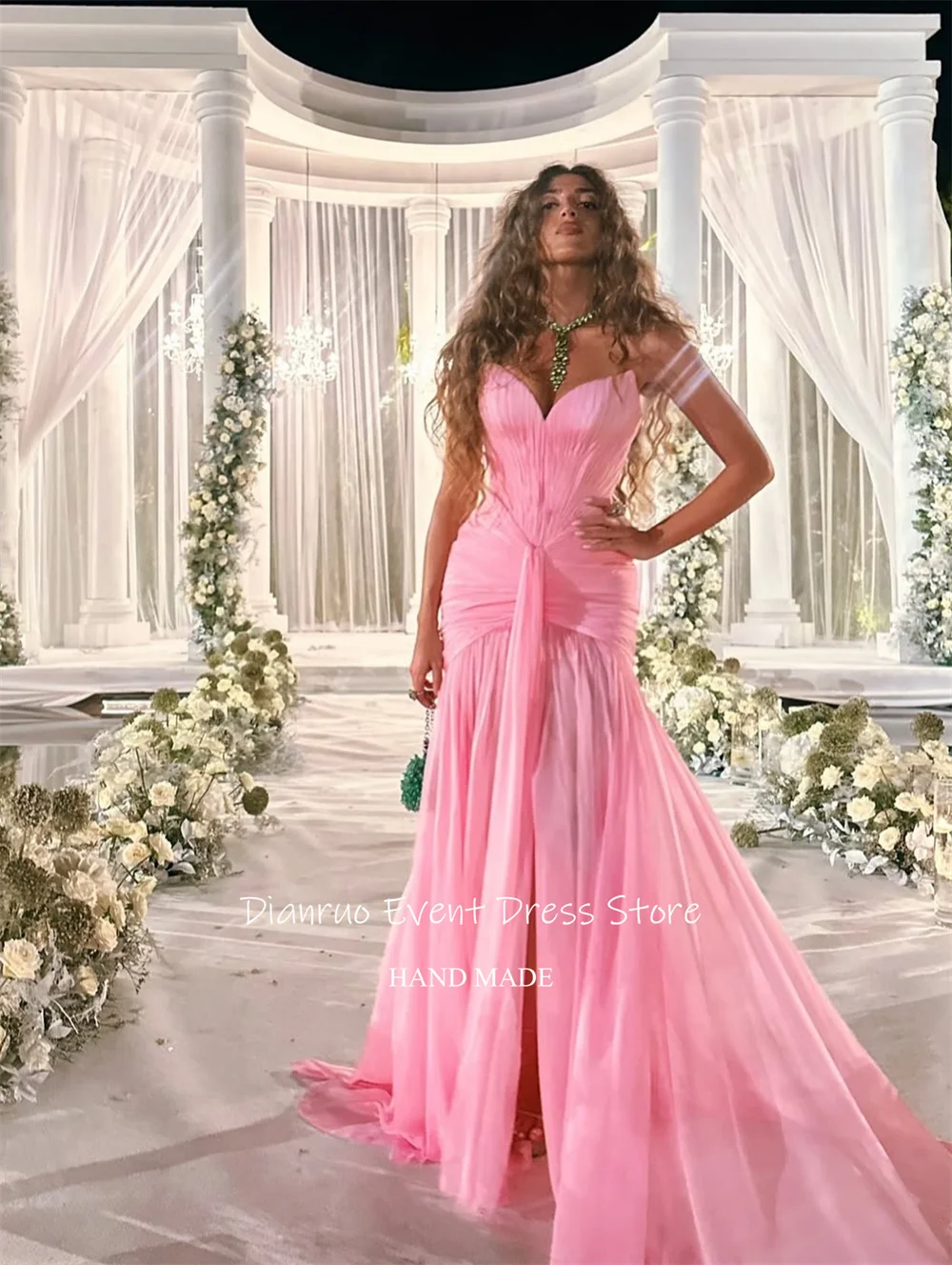 Dianruo 2025 สีชมพูจีบชุดราตรี Ruched ชุดชีฟองยาวผู้หญิง Sweetheart คุณภาพสูงพรหม Gowns ที่กําหนดเอง