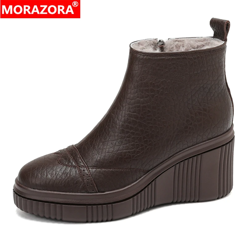 MORAZORA Genuine Leather Boots Women Zipper Wedges Heels Ankle Boots Nature Wool Warm Winter Snow Boots Ladies Shoes