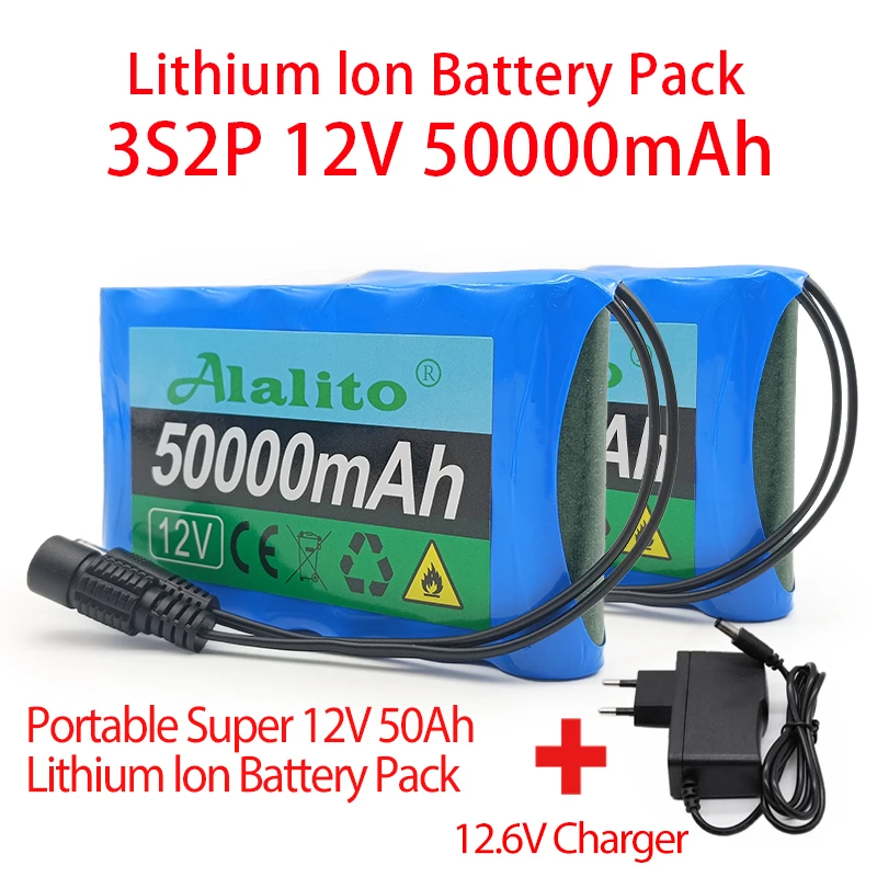 

Original 18650 3S2P 12V 50000mah Rechargeable 12.6V 50Ah Li-ion Battery,For Camera Monitor Replacement Battery + 12.6V Charger.