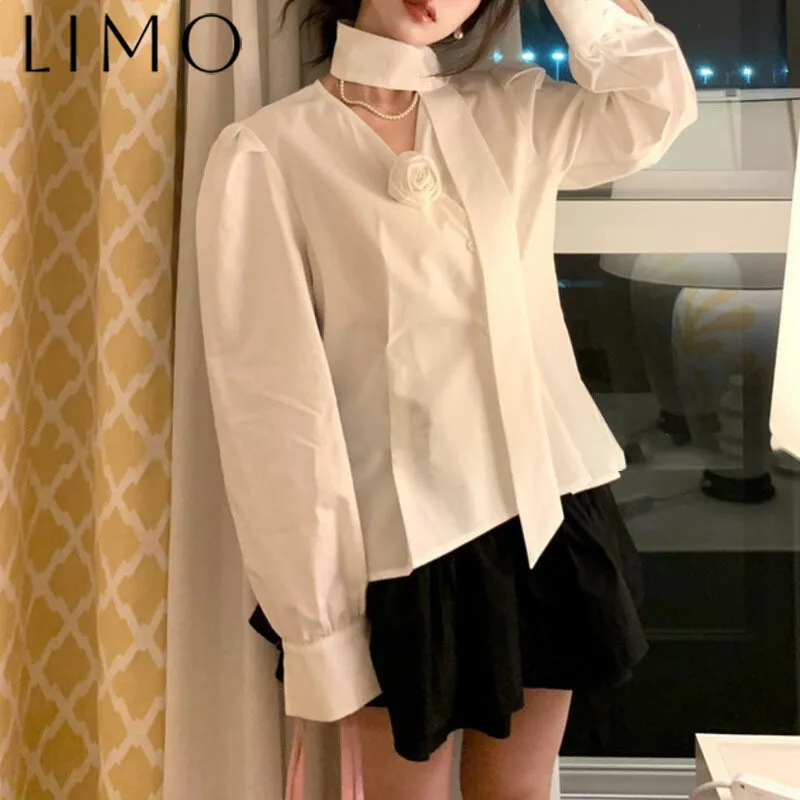 

LIMO 2025 New Women's V-Neck Ribbon Tie Asymmetric Blouse Casual Elegant Chic Spring Summer Minimalist Designer Top
