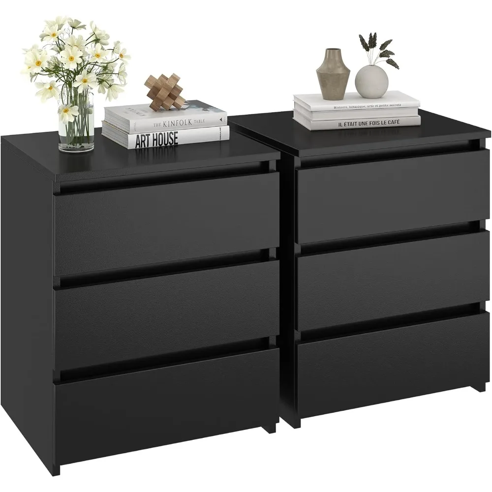 

Nightstand Set of 2 with 3 Drawers, Black Bedside Table Night Stand with Cut-Out Handle, Sofa Side Table 3 Drawer Nightstand