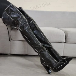 LAIGZEM Women Thigh High Boots Crocodile Print Thick Heels Boots Over Knee Ladies Shoes Woman Frauen Stiefel Big Size 38 43 47