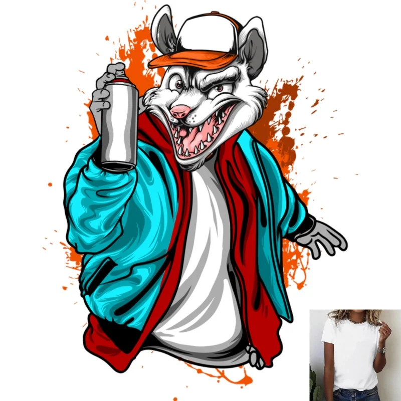 Street Trend Graffiti - Style Angry Rat With Cap & Spray Can Heat - Transfer White Ink Iron - on, Fit T - Shirts/Canvas Bags,