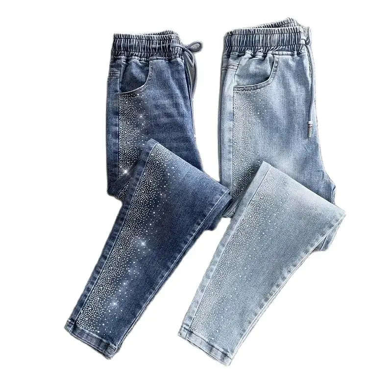 Elastic Waist Elastic Jeans Pencil Pants Spring Summer   Fashion Denim Pants Female Rhinestones Korean Version High Waist