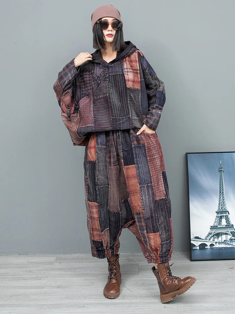 

Vintage Distressed Cotton Stitching Hooded Plate-button Long-sleeved Top Cross-pants Two-piece Autumn Loose Women's Suit